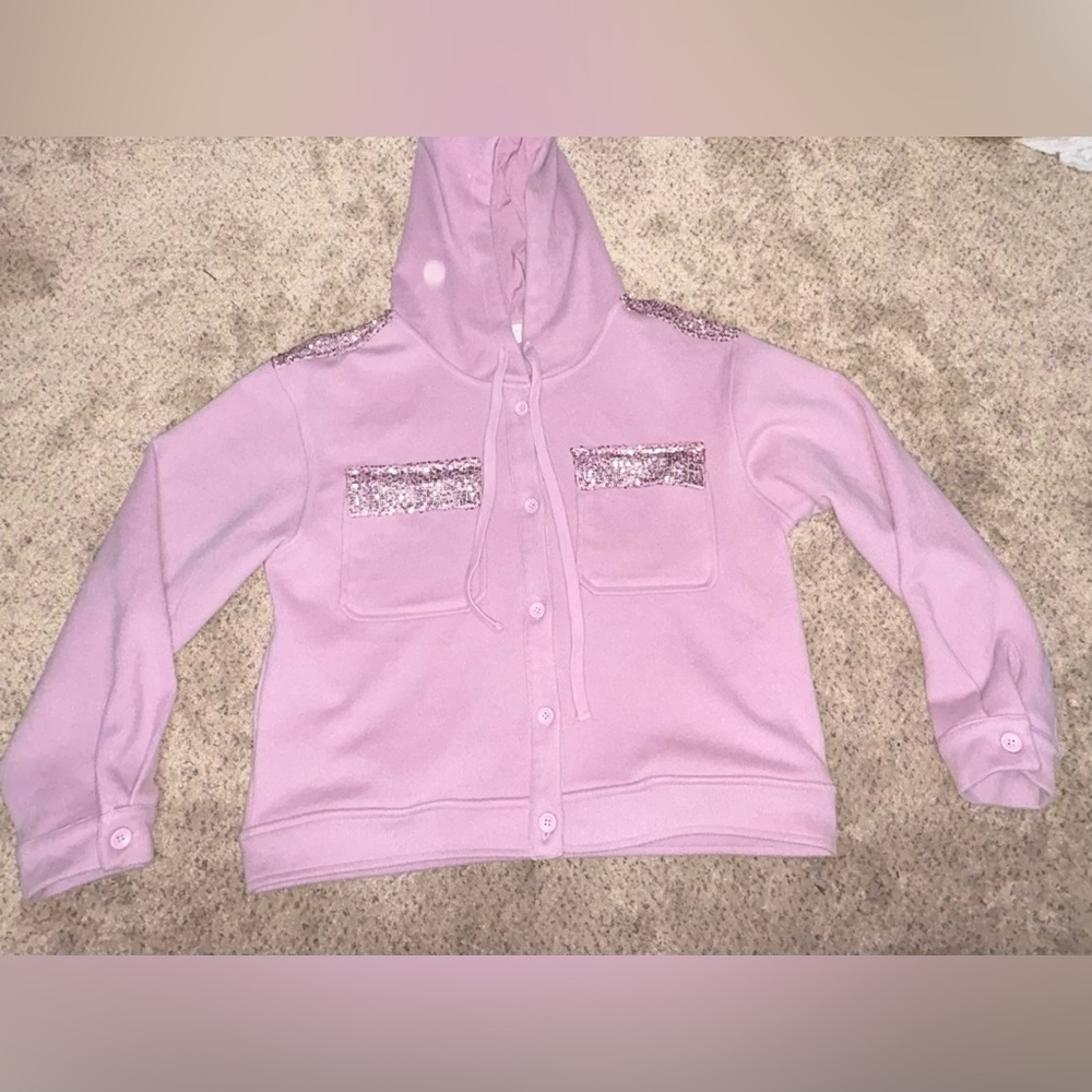 Allie Rose Pink Sequin Button Down  Hoodie Size Small Two Chest Pockets